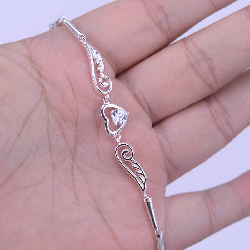 abay银饰990足银爱心天使翅膀手链镶嵌天使之翼女士手链时尚桃心手链