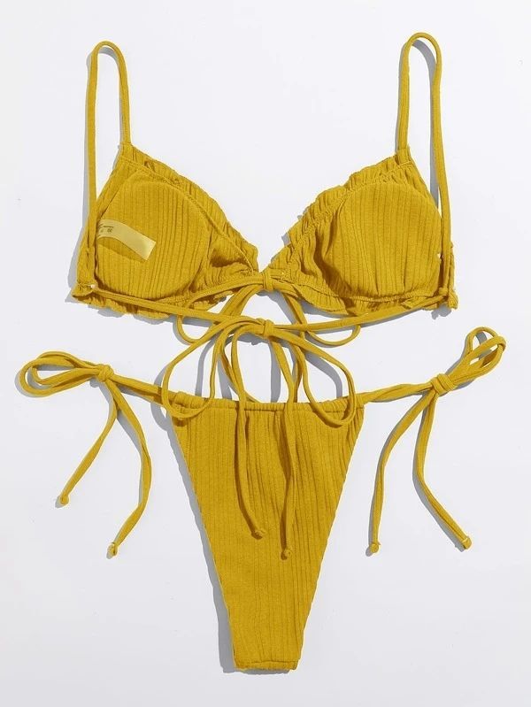 趣得比基尼一根绳新款比基尼泳装欧美性感三角包绑带分体泳衣墨绿色s