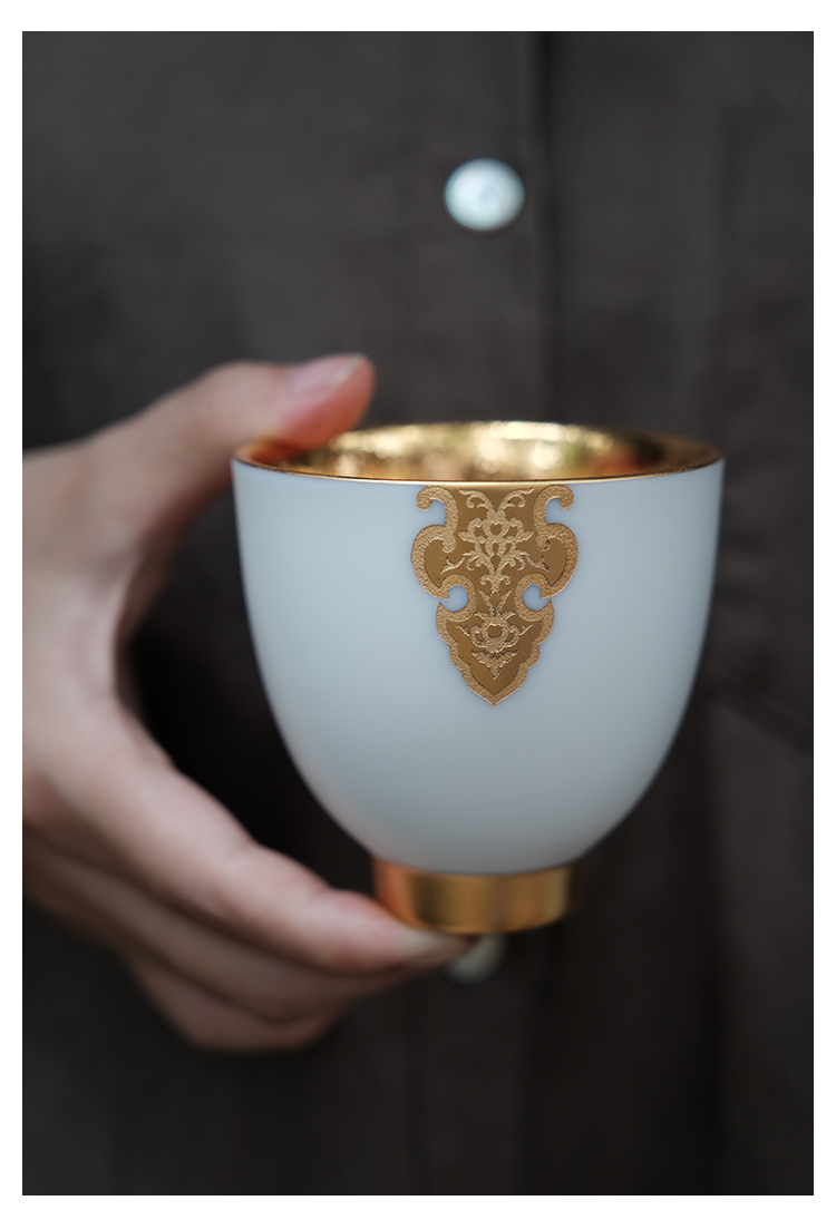 梅花落仰钟杯24k金鎏金杯陶瓷单杯主人品茗杯个性礼盒装中式高端