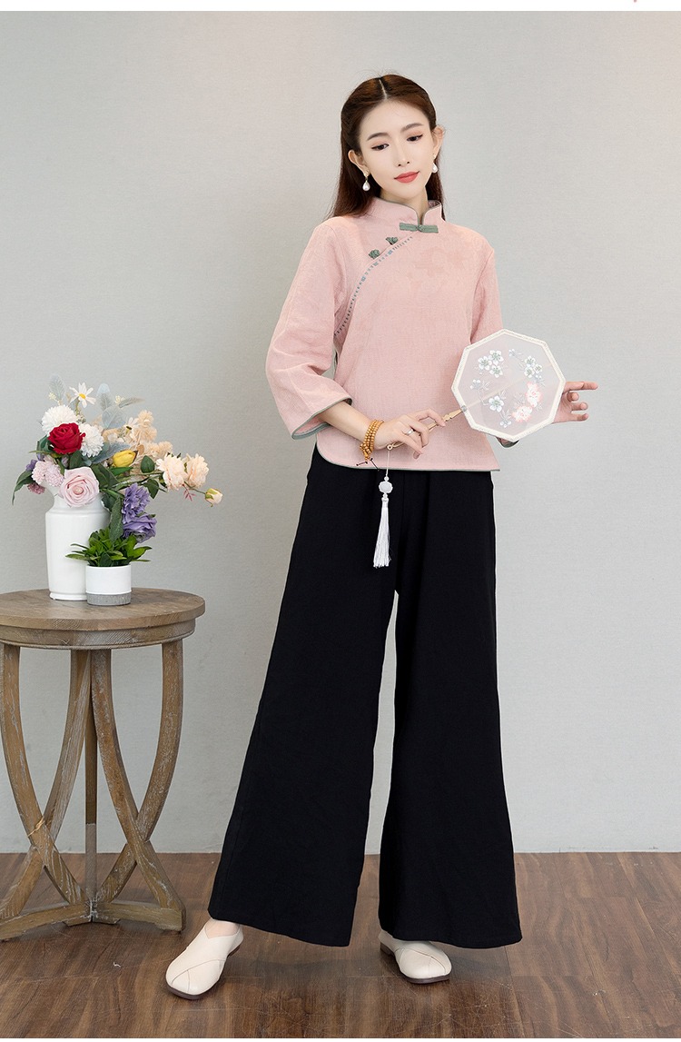 歌比娜中式复古盘扣棉麻旗袍上衣阔腿裤套装中国风改良唐装茶服夏采耳