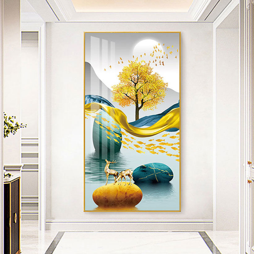 米囹入户玄关装饰画走廊过道挂画现代简约立体晶瓷画轻奢竖版壁画吉光
