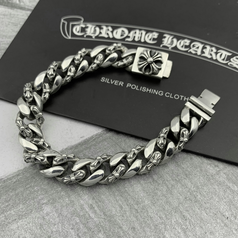 欧凯伦925银ch克罗心个性十字花手链男女欧美复古十字架泰银手链10mm