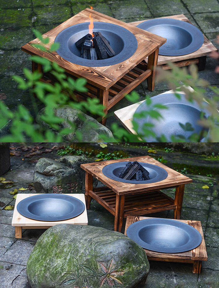 实木老式烤火盆铸铁炭火盆冬季取暖烤火炉室内家用炭盆烧烤架碳盆双层