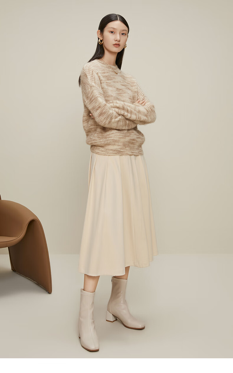 曼德诗米色褶皱a字裙2021秋冬新款法式风情后拉链tr磨毛斜纹伞裙米色s