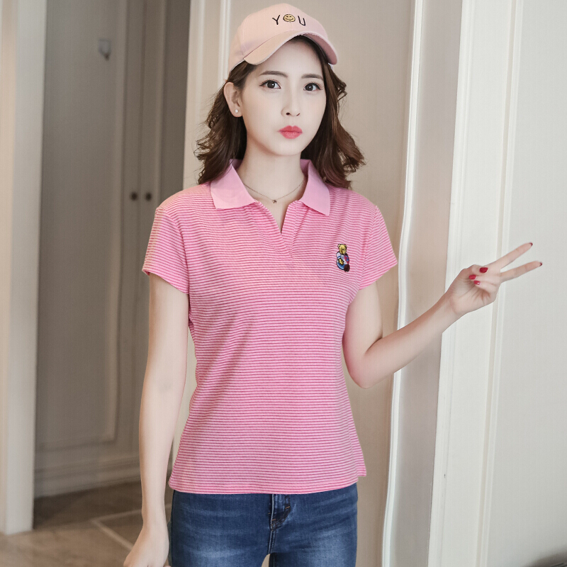 条纹t恤女翻领短袖女上衣带领修身运动有领女生夏季polo衫女夏880黑