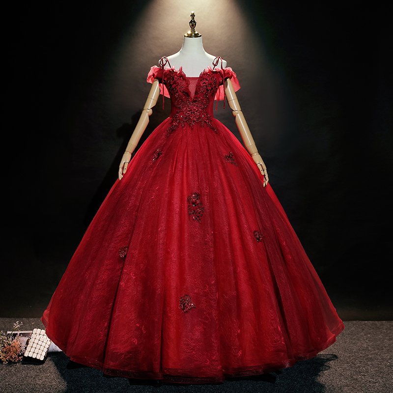 艺考礼服女声乐晚礼服新款红色婚纱独唱年会礼服蓬蓬裙美声演出服主持