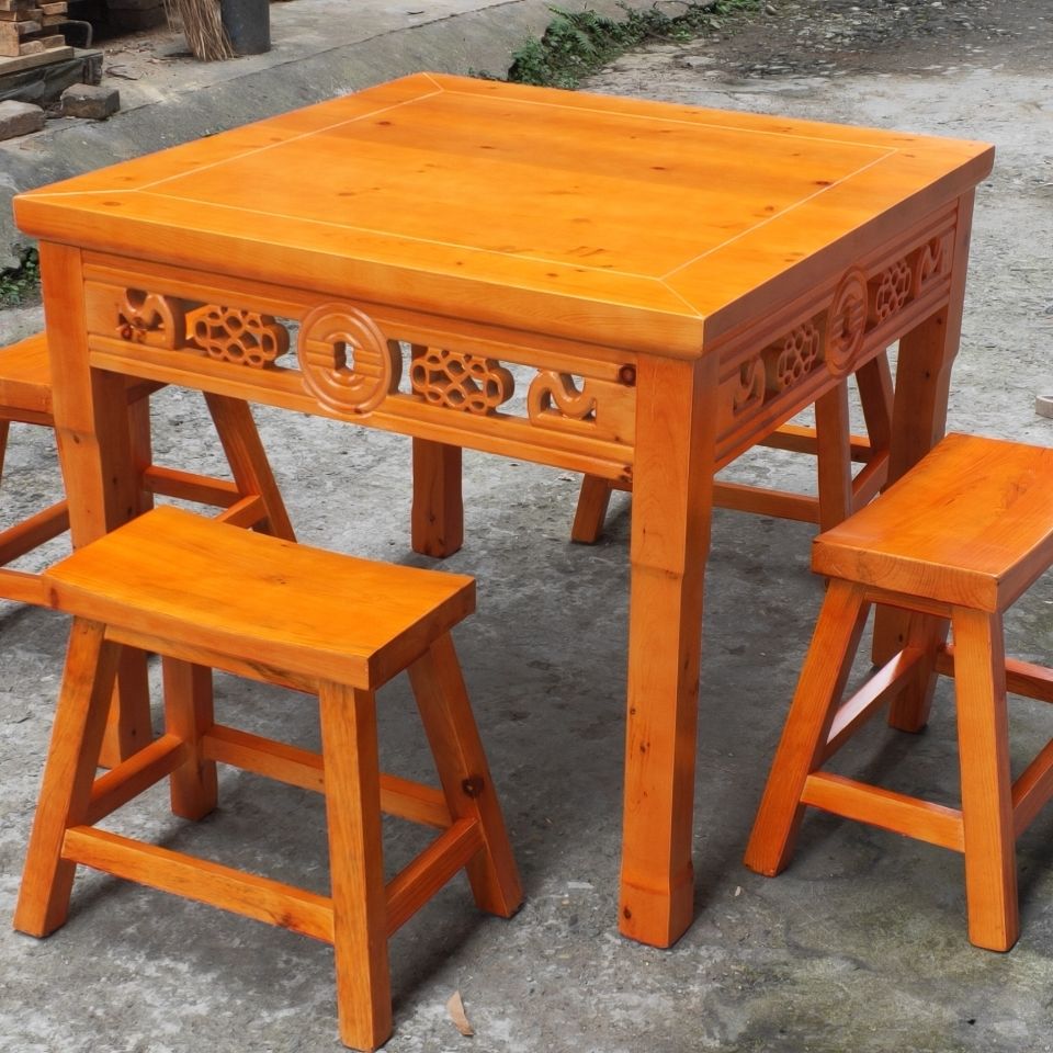 仿古农家乐八仙桌碳化木桌椅饭店拉面馆雕花正方形餐桌凳组合款式
