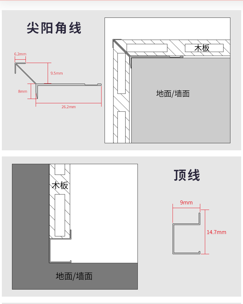 铝合金护墙板收口条木地板钛金装饰条墙板线收边条金属包边条压条9