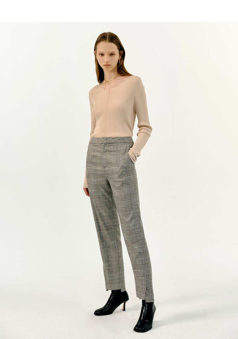 hs女装秋季新款复古格纹直筒高腰九分西裤休闲裤女 米色格子 m/160