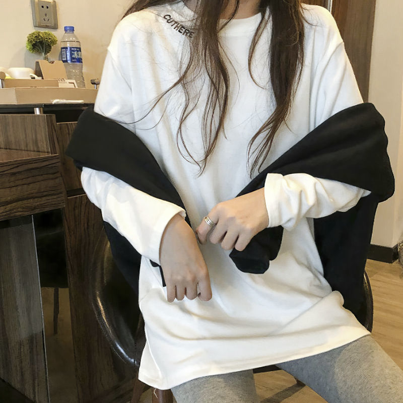 薄款打底神器长t大白t春秋内搭加长中长款白色t恤女长袖叠穿 乳白色