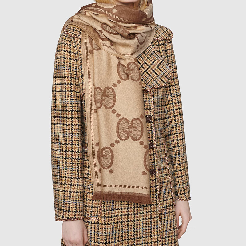 【包税】GUCCI/古驰 24新款 女士米色棕色羊毛GG印花双面围巾5815373G2009764