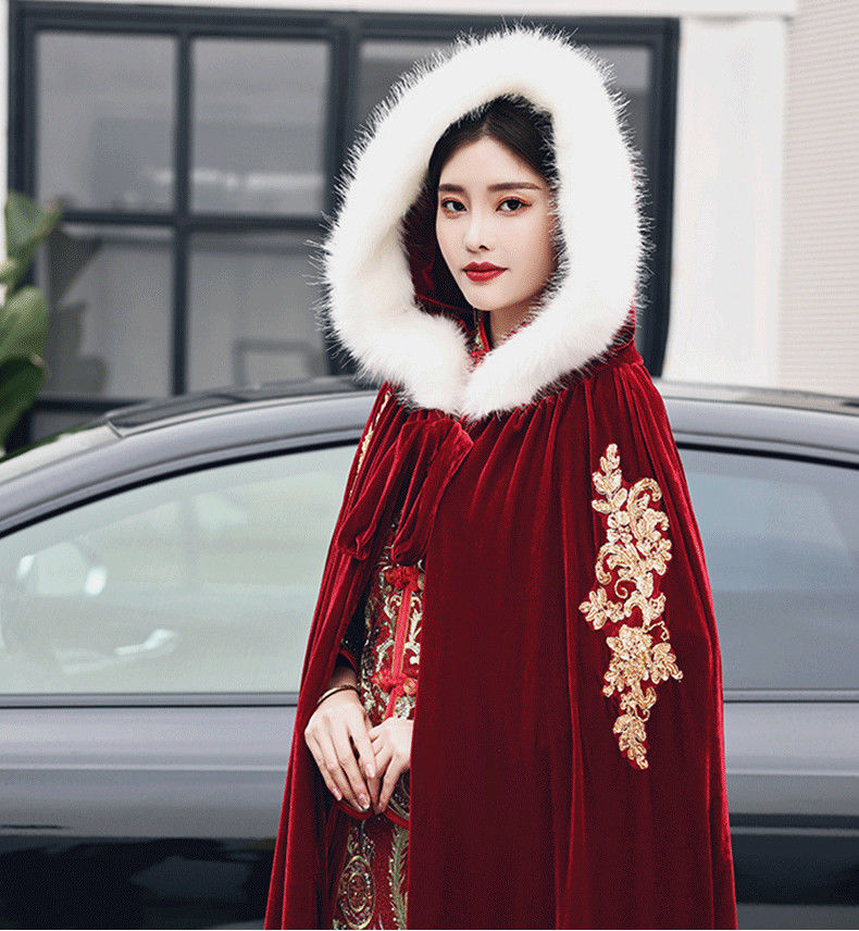 心墨染新品斗篷披肩新娘结婚秀禾服披风斗篷冬季女红色冬季丝绒加厚加