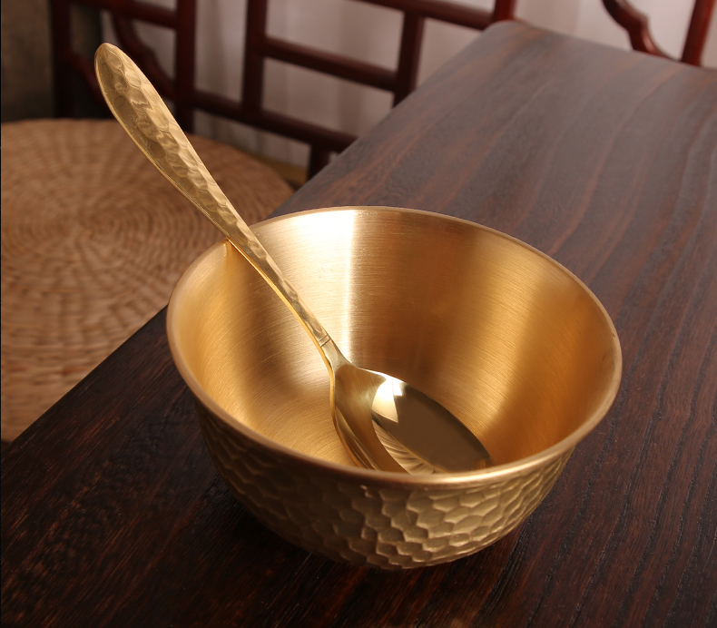 纯铜加厚碗筷勺叉套装家用防烫黄铜饭碗工艺品结婚礼物金饭碗韩式12