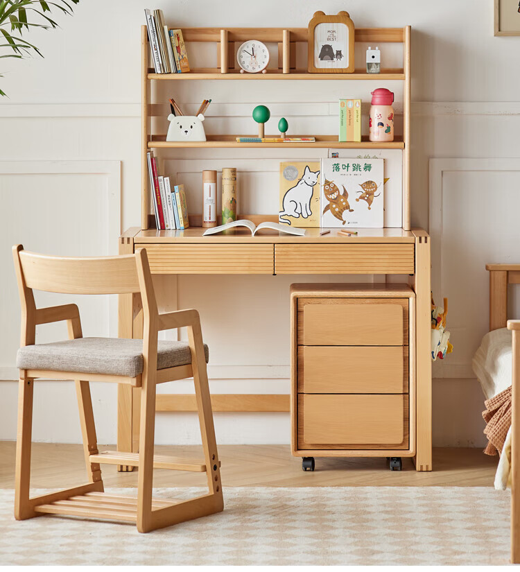 全实木书桌书架一体家用学生写字桌欧洲榉木升降学习桌子 书桌1米 高