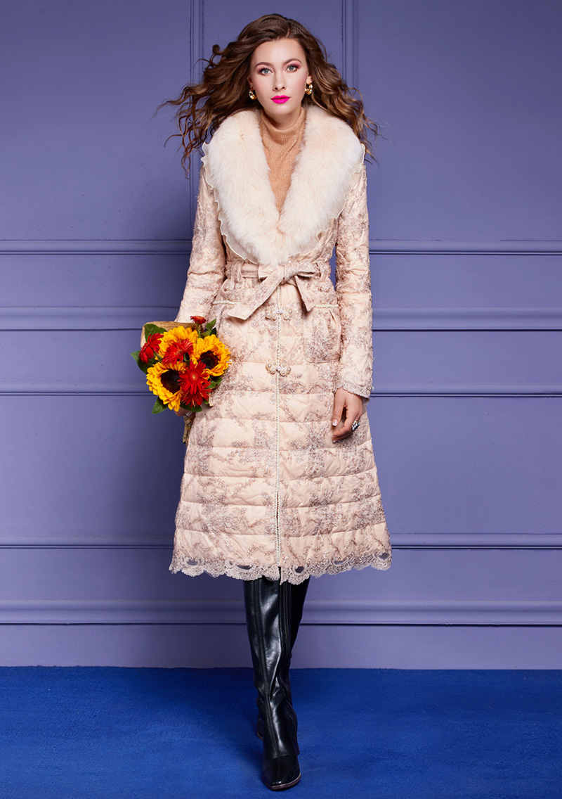 菲梦伊羽绒服女中长款秋冬装轻薄时尚保暖绣花狐狸毛领白鸭绒外套咖啡