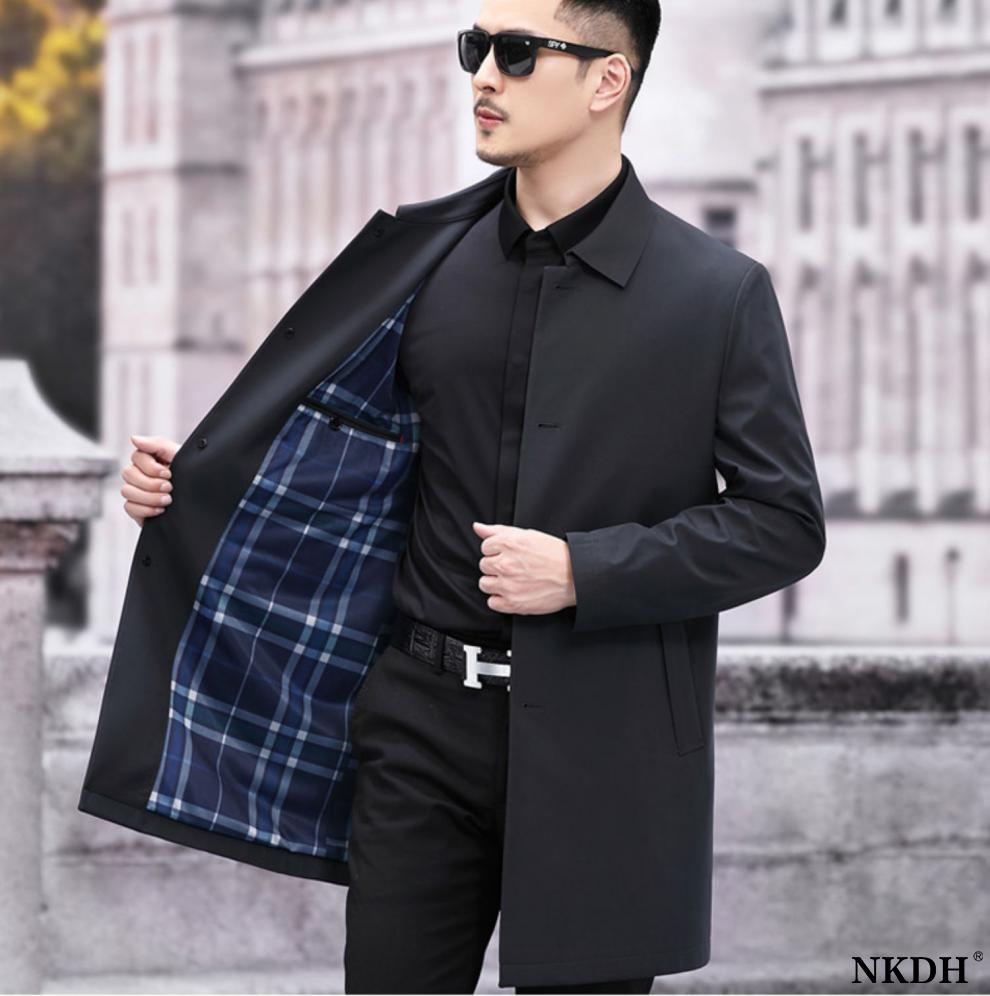 nkdh品牌男装男士休闲风衣中长款春秋新品中年爸爸商务翻领纽扣款纯色