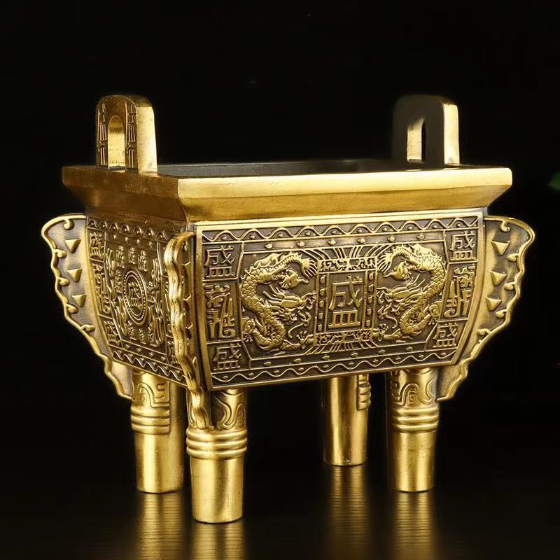 全铜盛鼎摆件四足鼎双龙方鼎盛千秋家居佛堂供奉香炉