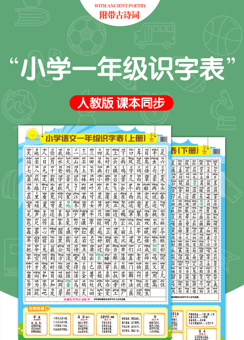 《识字表一二年级上下册挂图人教版小学生全套墙贴课本同步认识生字