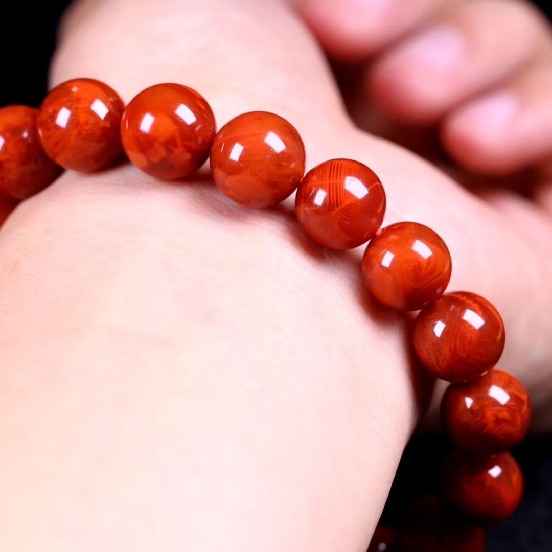 原生态精雕打磨凉山九口矿出品收藏级 南红火焰红8mm手串【图片 价格