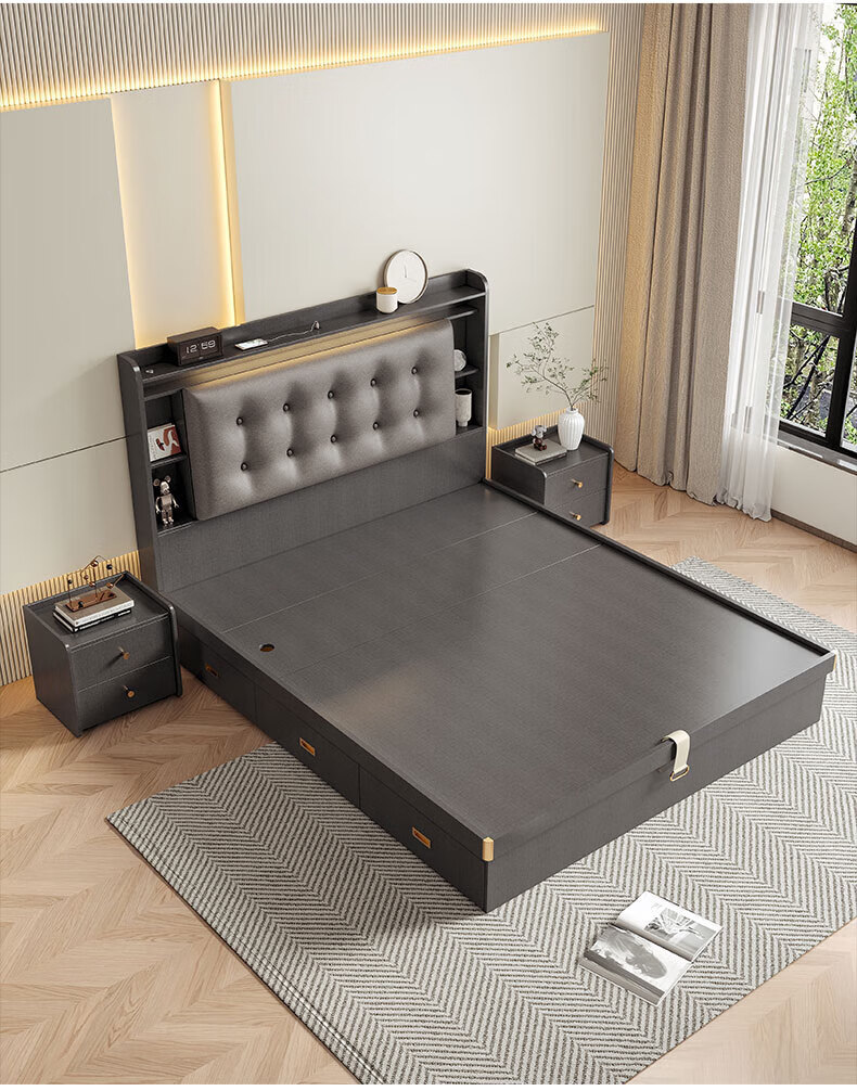 汇嘉缘轻奢带灯高箱储物一米五主卧双人床现代简约1米8小户型家用高