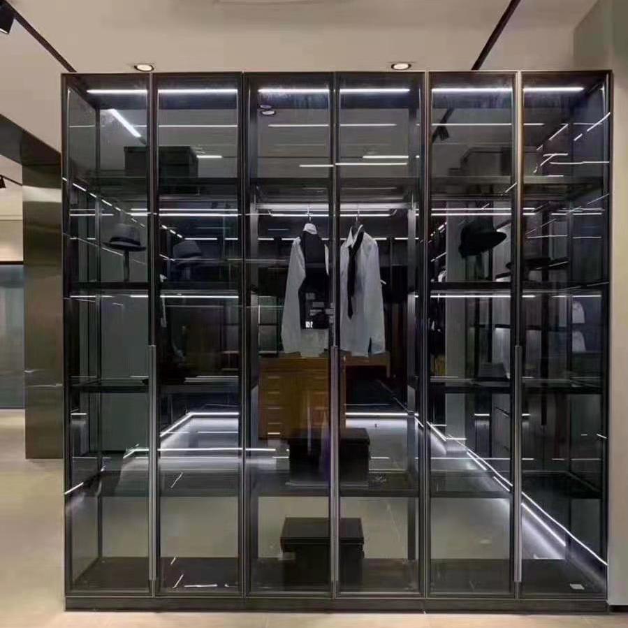 定制极简窄边框铝框玻璃门柜门铝框门平开门酒柜门书柜门衣柜门咖啡色