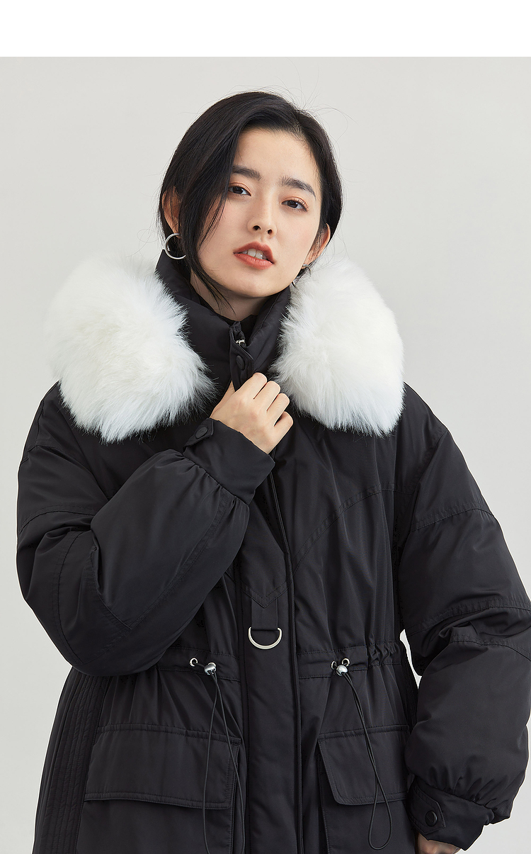 茵曼冬装新款可拆卸蓬松毛绒领腰部抽绳长款羽绒服厚款外套女1814007