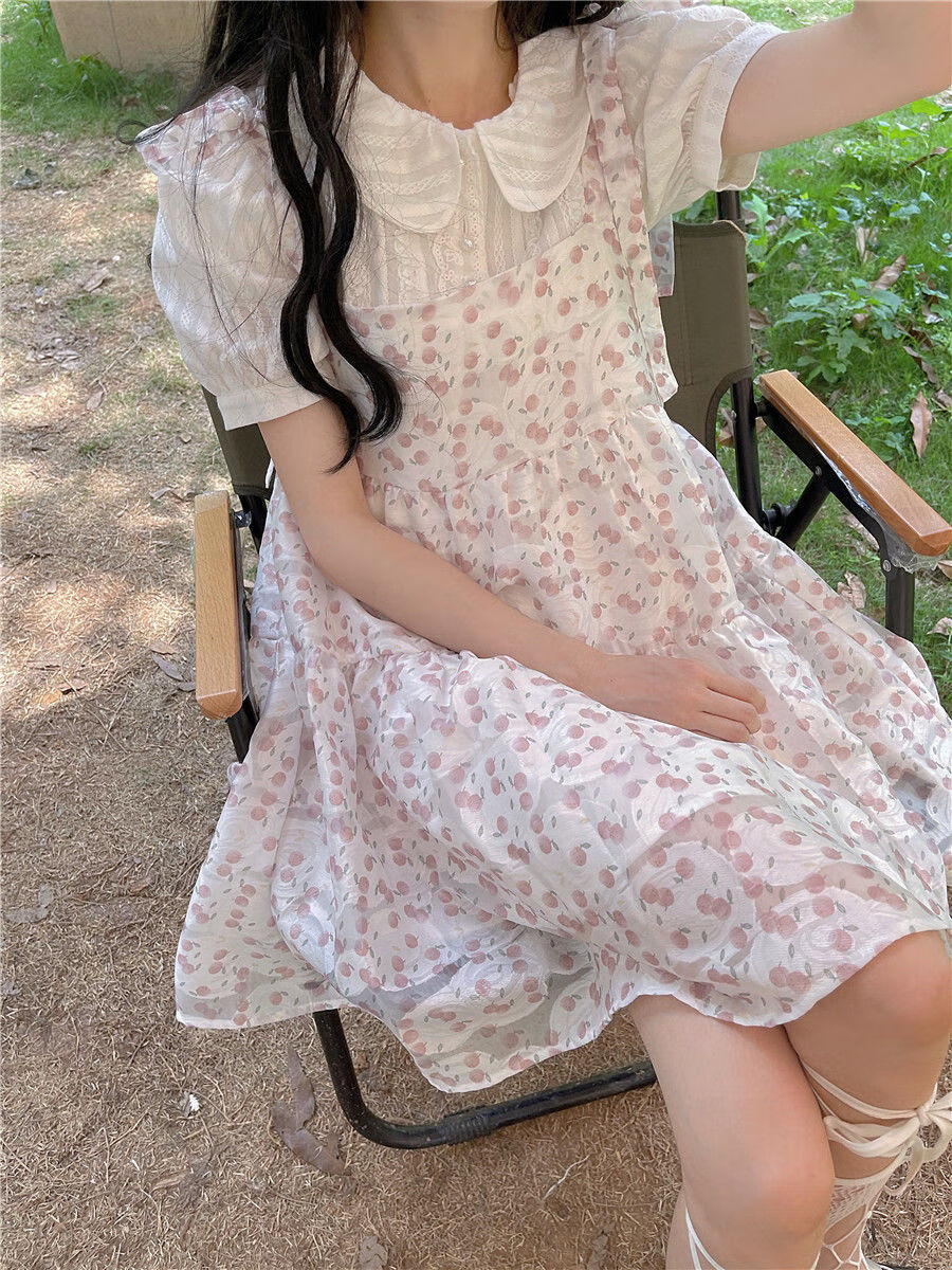 粉嫩少女碎花连衣裙夏季蝴蝶结绑带超仙ins宽松显瘦吊带裙女学生sn