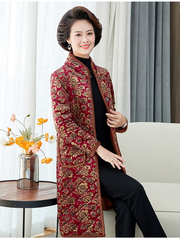 女装新款妈妈加绒棉衣秋冬装中老年女装花棉袄长款高个子北方棉服外套