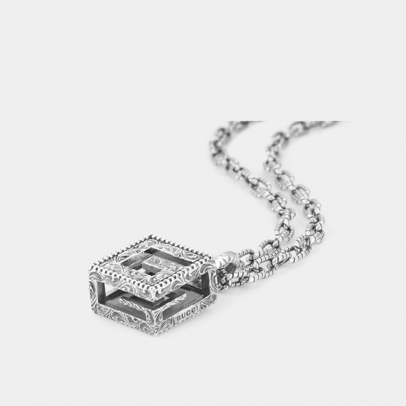 gucci古驰古奇项链情侣男女款方形双g十字架925银吊坠情人节礼物银色