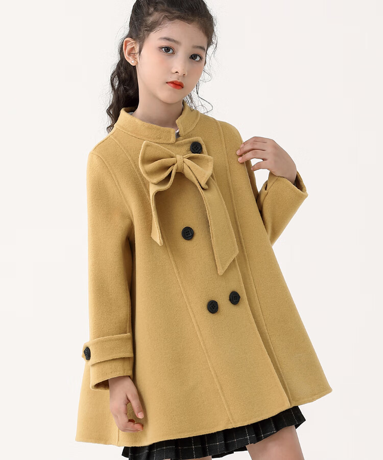 品牌童装315岁女童毛呢外套儿童呢子双面呢羊绒大衣秋冬宝宝蝴蝶结