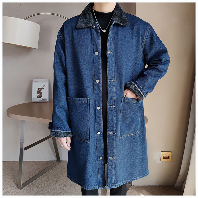 啄木鸟秋冬款牛仔风衣秋冬季男士中长款潮流大衣宽松帅气加绒加厚翻领
