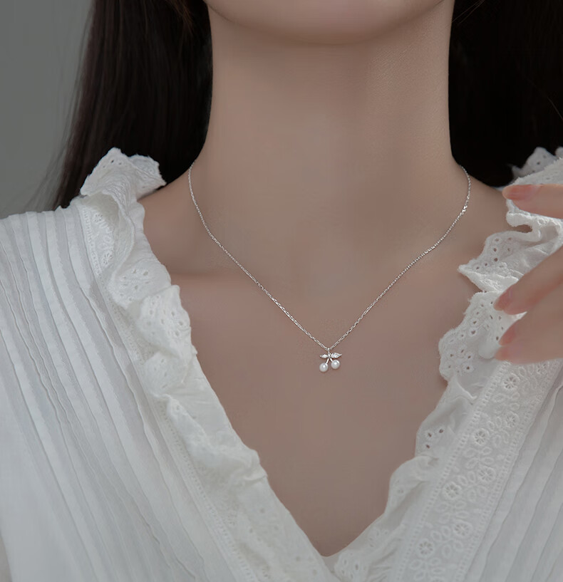 乐贝姿甜美水果樱桃s925银项链夏季日韩版女式镶钻珍珠锁骨链s925银