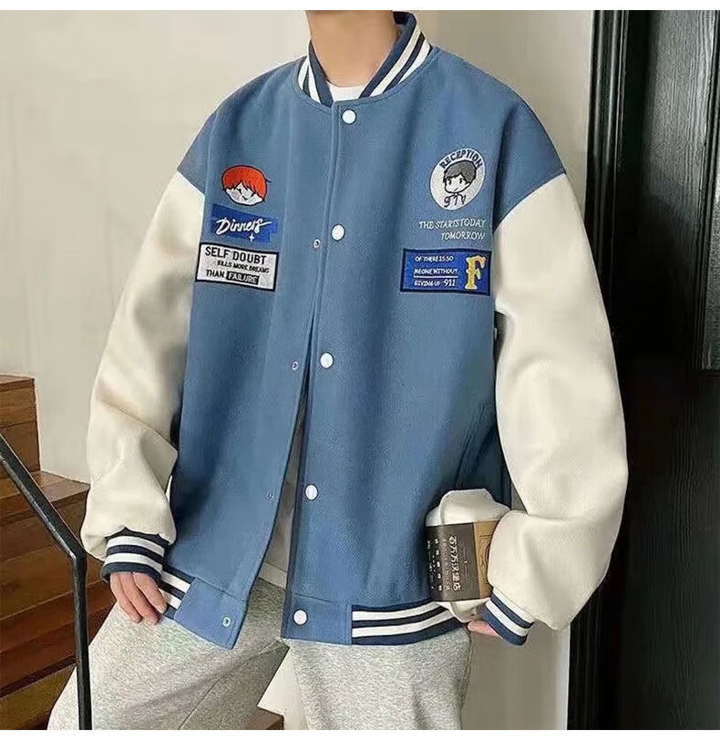 wassu·p crew休闲潮牌长袖棒球服宽松外套男女生春秋百搭 蓝色 m