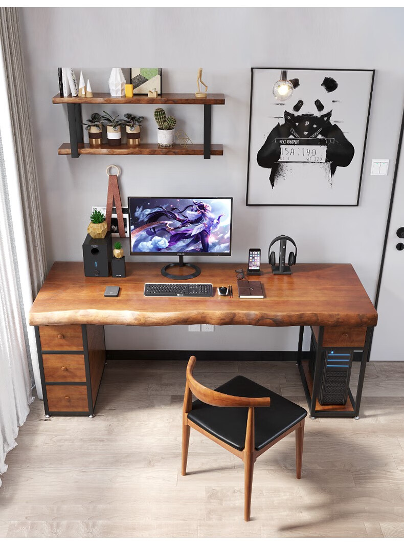 书房书桌不规则边写字办公长桌简约现代双人铁艺带书柜抽屉工作台桌子