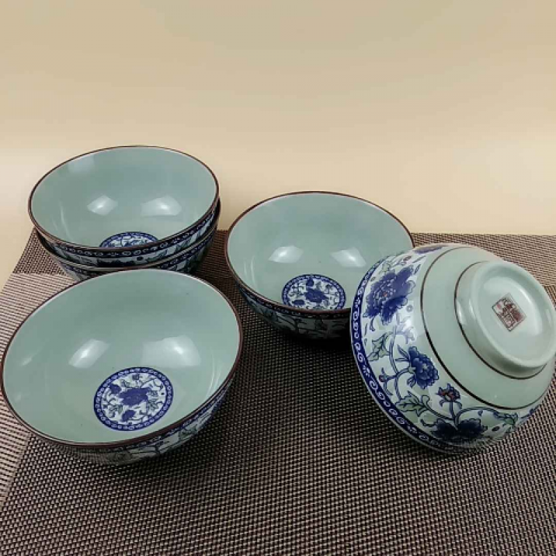 真武瓷器青瓷碗牡丹青花瓷广西南山瓷厂45英寸饭碗16只装