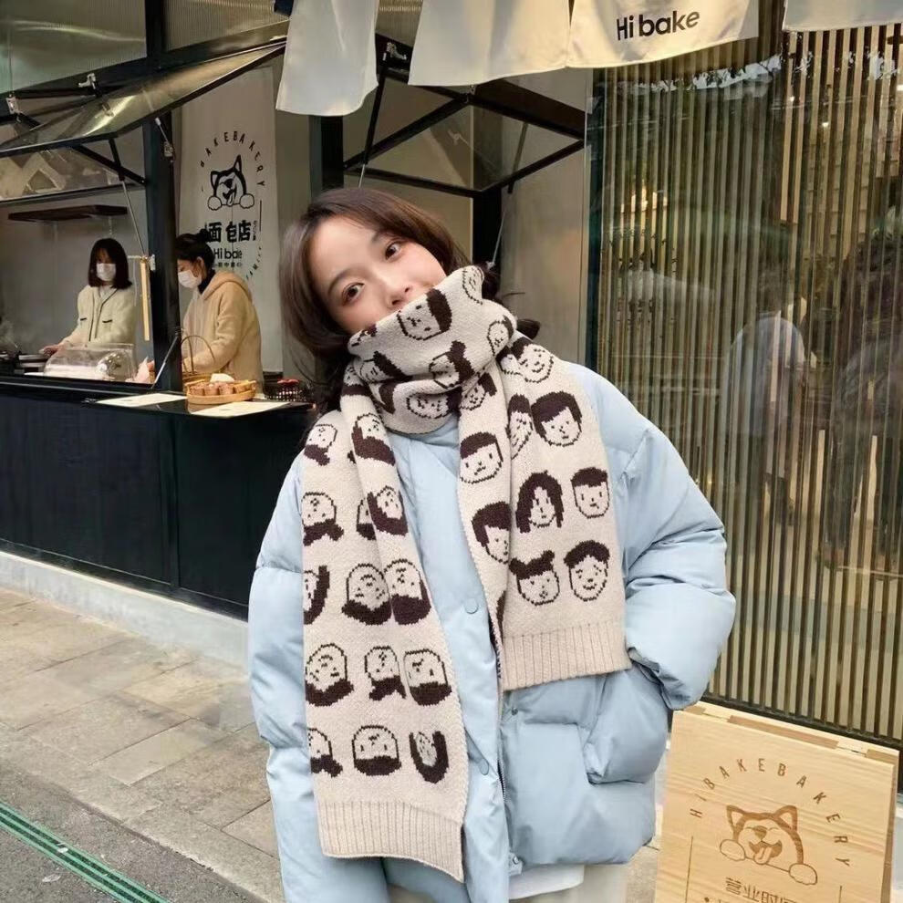 风离痕新品披肩冬围巾女冬季卡通头像少女百搭长款双面秋冬新款韩版短