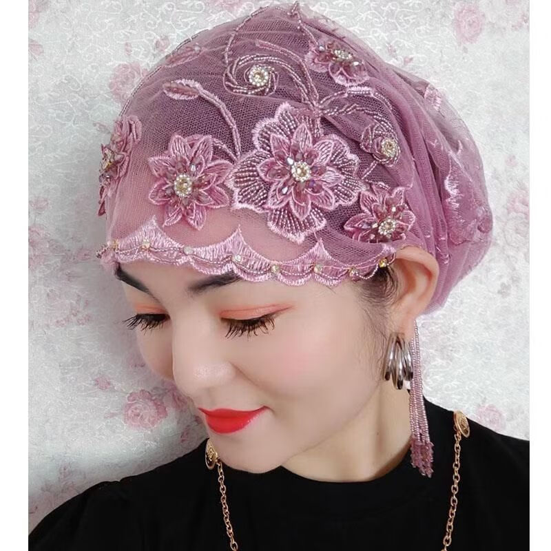 回族女人的套头纱巾回族女士套头纱巾立体绣手工流苏帽子时尚百搭遮发