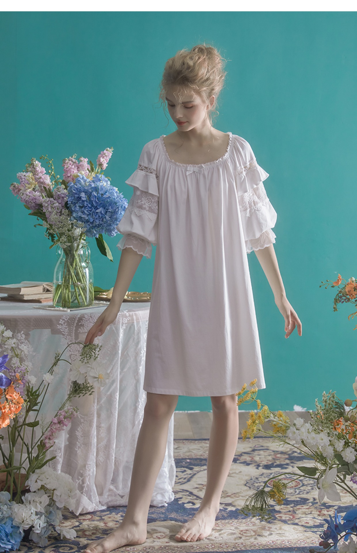 法国kj睡衣欧式复古宫廷风蕾丝中袖睡裙女宽松纯棉甜美清新睡衣裙白色