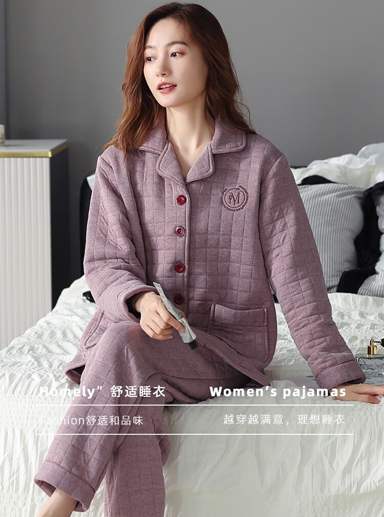 南极人睡衣女夹棉中年妈妈长袖春秋冬季家居服加厚保暖套装 nxf-98901