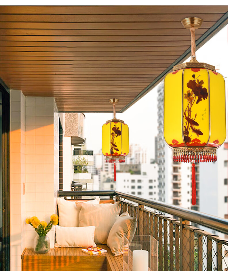 【京选品质】阳台灯笼一对 中式铜阳台红灯笼吊灯一对中国风新年户外