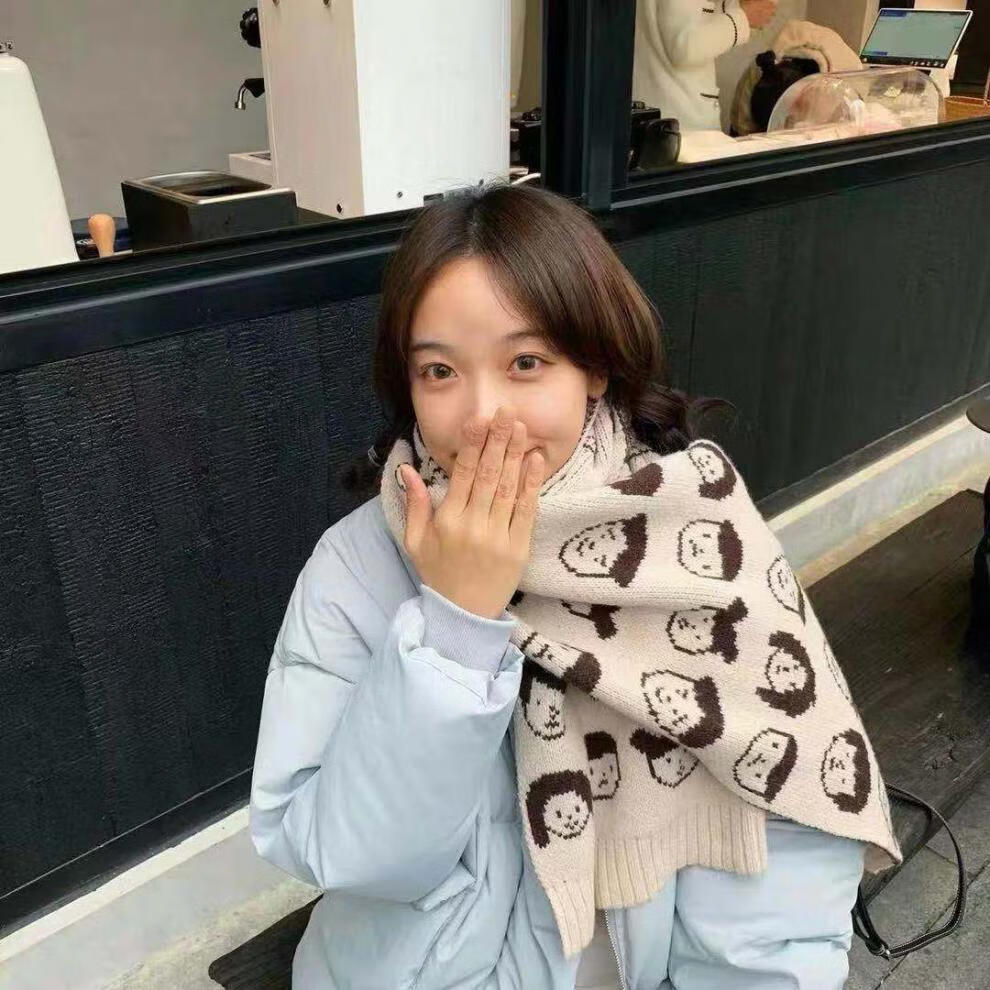 围巾女冬季保暖学生韩版可爱卡通头像少女百搭长款毛线编织小围脖黑色