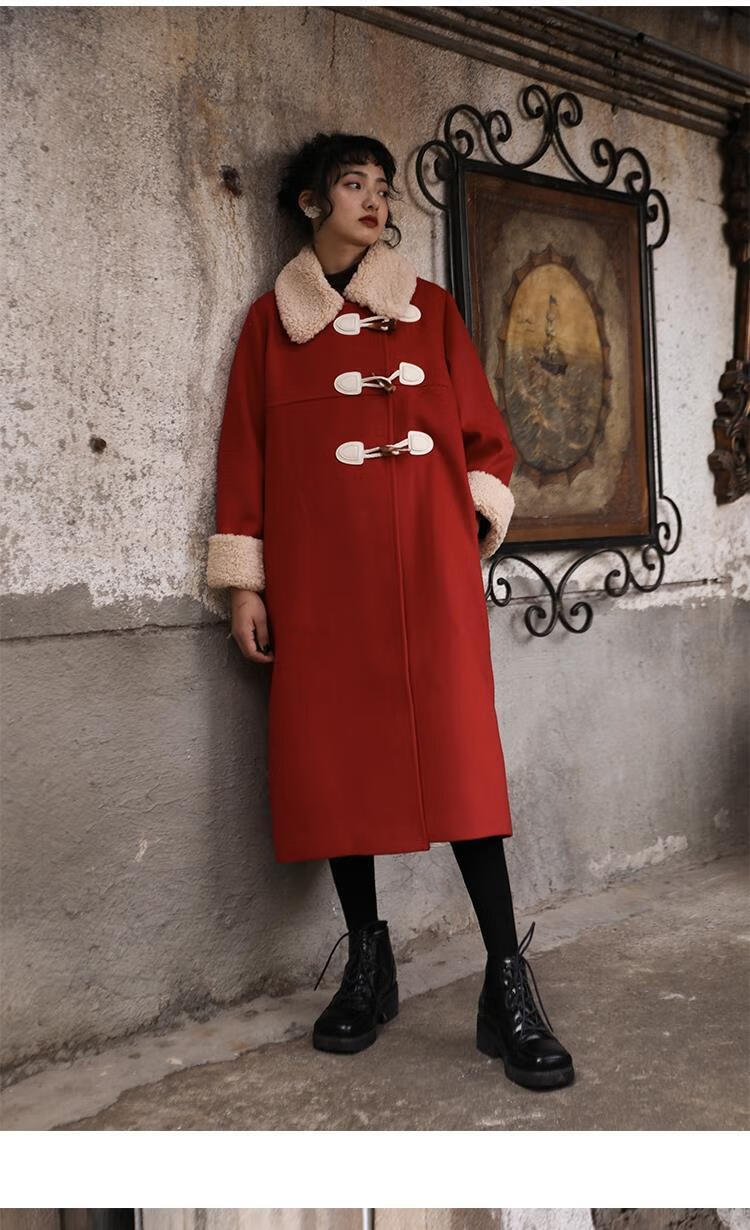 2021秋冬羊羔毛拼接牛角扣暗红色大衣毛呢外套女过膝中长款学院风 l 