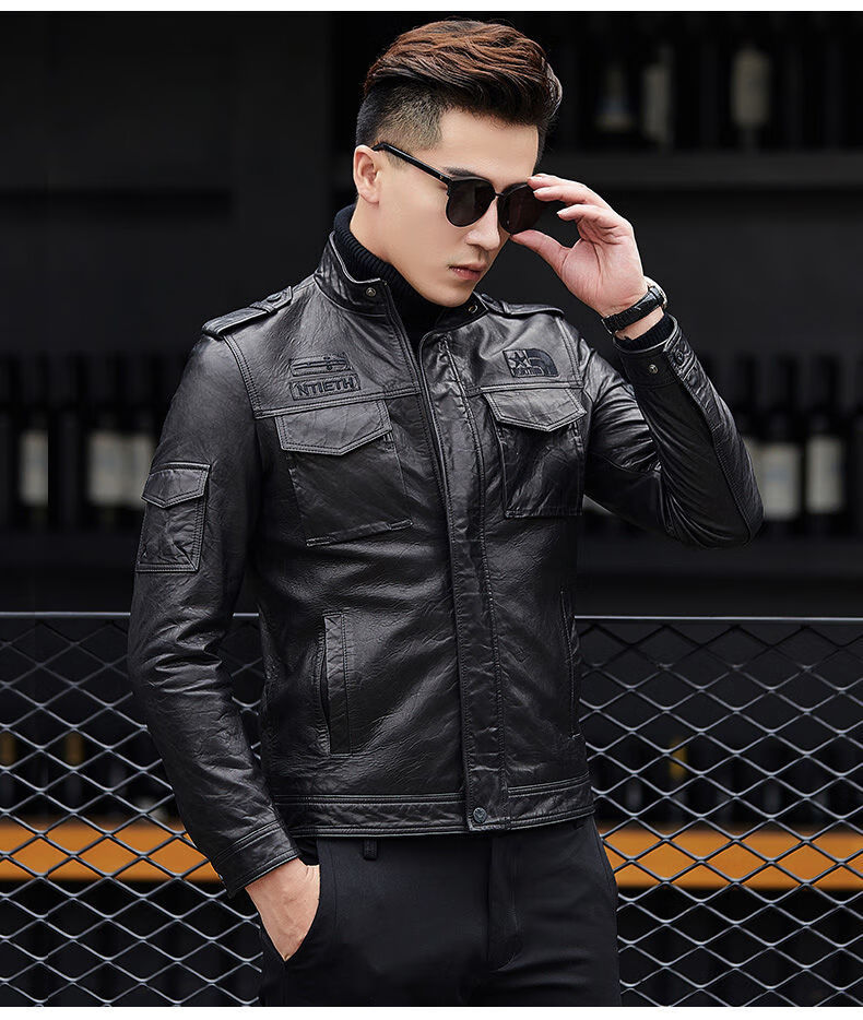 皮皮衣男士青年绵羊皮机车服皮夹克修身植鞣皮青年飞行服潮黑色165m