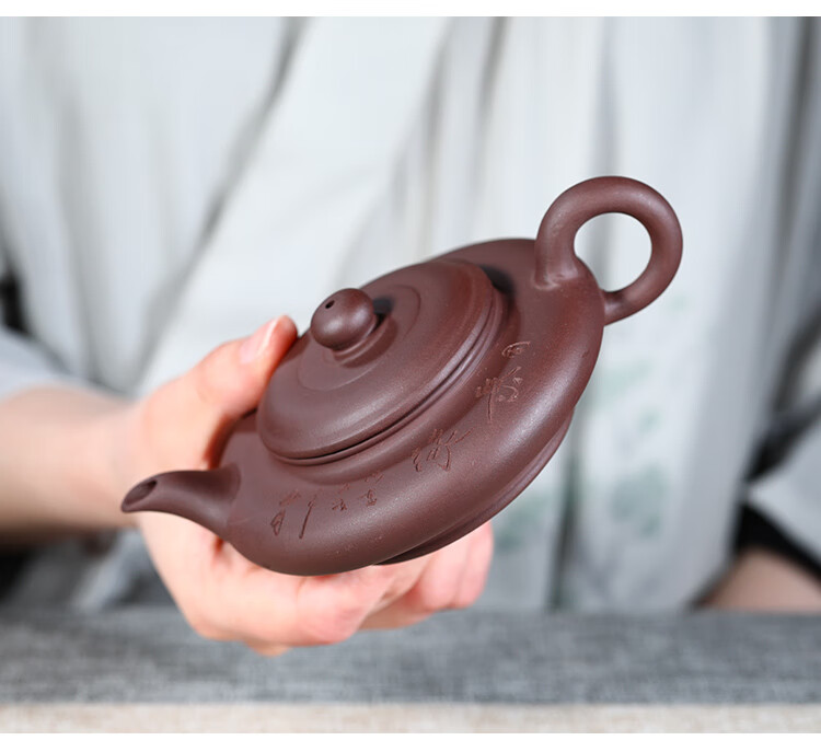 虚扁壶宜兴纯全手工紫砂壶紫泥水扁壶虚扁壶家用茶壶礼品泡茶壶套装紫