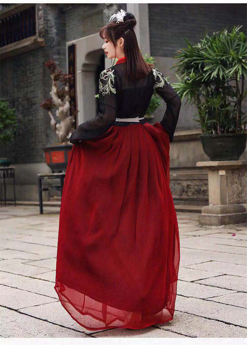 新时尚汉服女黑红系色成人学生齐腰襦裙古风年会表演服演出服古装送