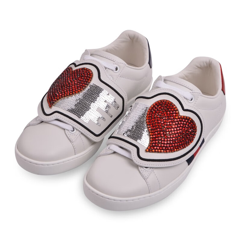 gucci古驰女士牛皮可拆卸爱心水钻经典小白鞋低帮板鞋5293550fi109060