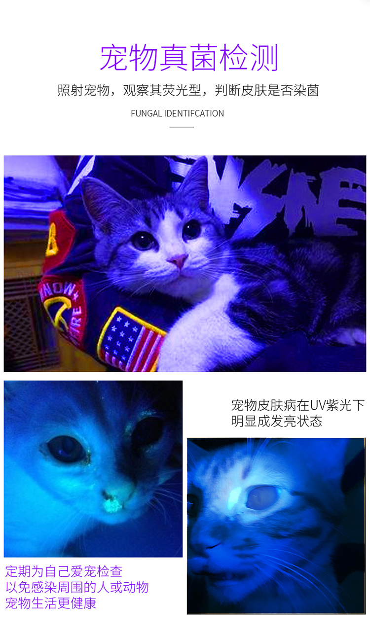 伍德氏灯猫藓宠物真菌检测灯365nm猫癣紫外线灯照猫藓紫光手电筒