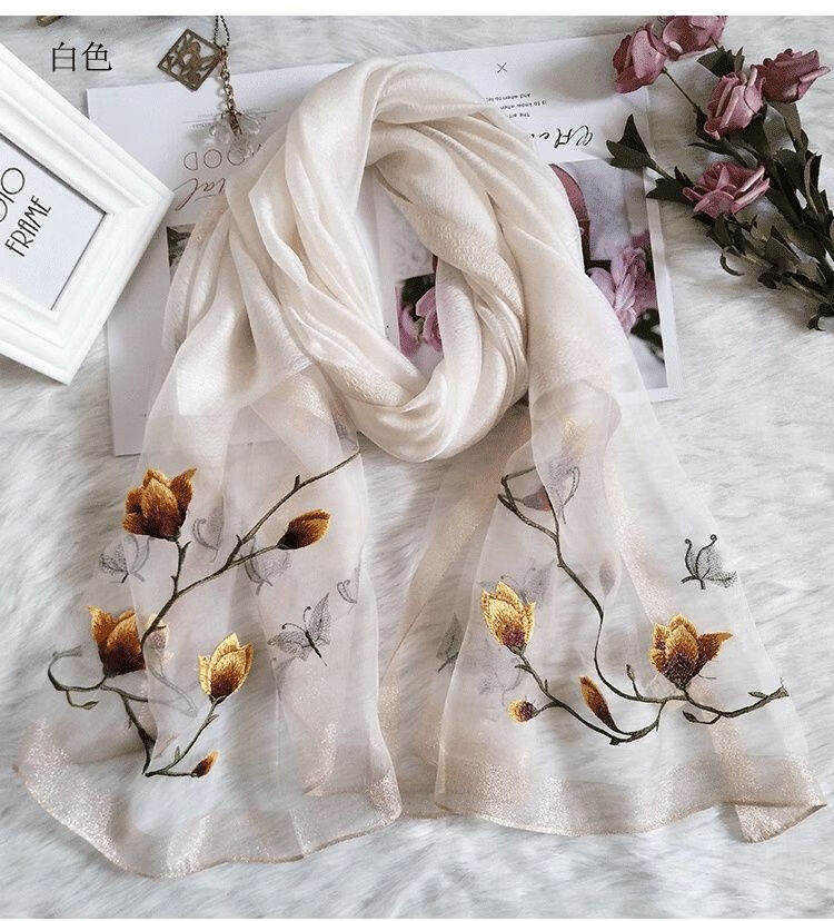 新品苏绣丝巾苏绣刺绣纱巾女百搭春秋绣花丝巾夏季薄款妈妈旗袍披肩