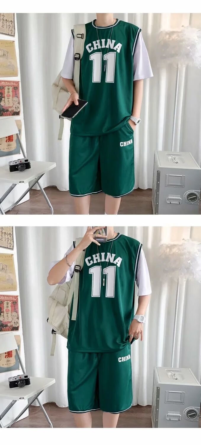 鱼安篮球队服篮球服套装男女班服街头外穿宽松fb运动服潮流假两件球衣