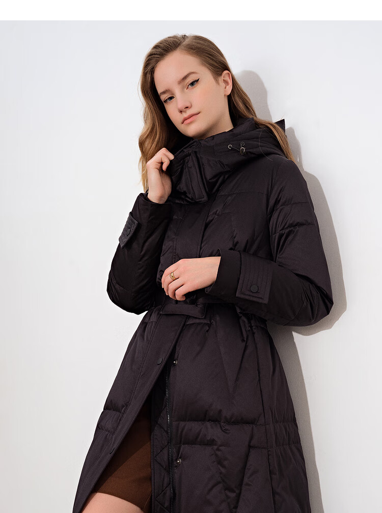 诗篇女装2021冬季时尚束腰长款连帽白鹅绒羽绒服 黑色 36【图片 价格